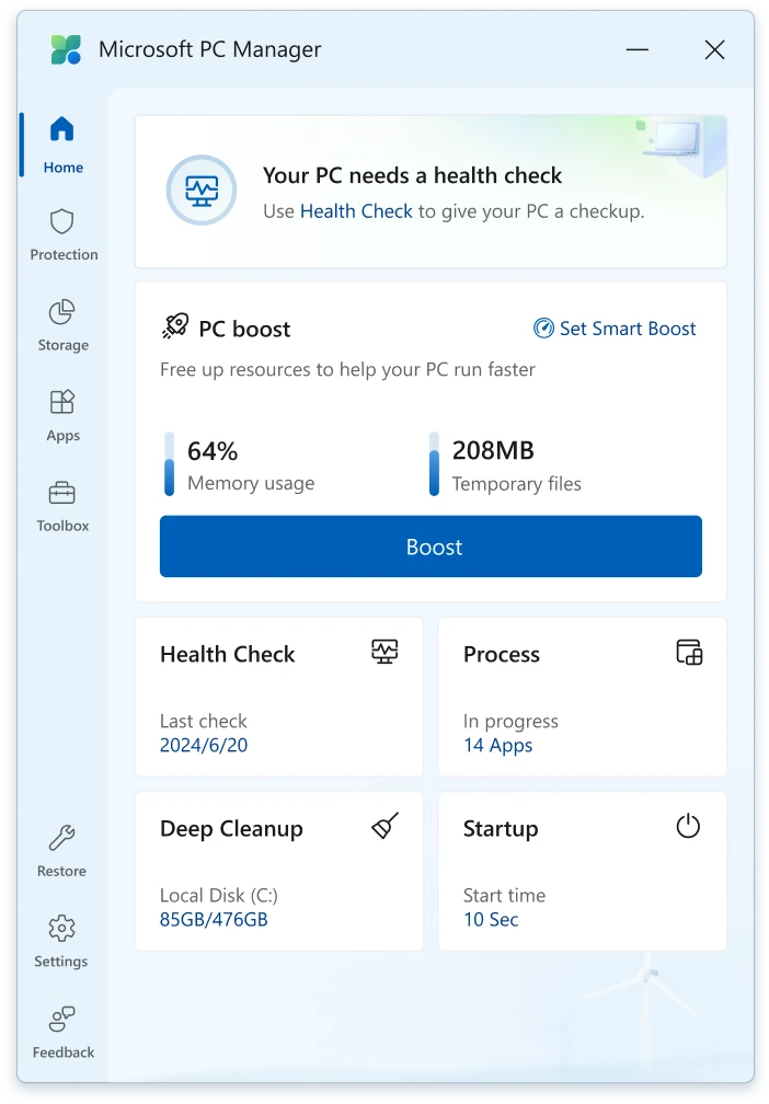 Главный экран Microsoft PC Manager с блоком PC boost, карточками Health Check, Process, Deep Cleanup и Startup