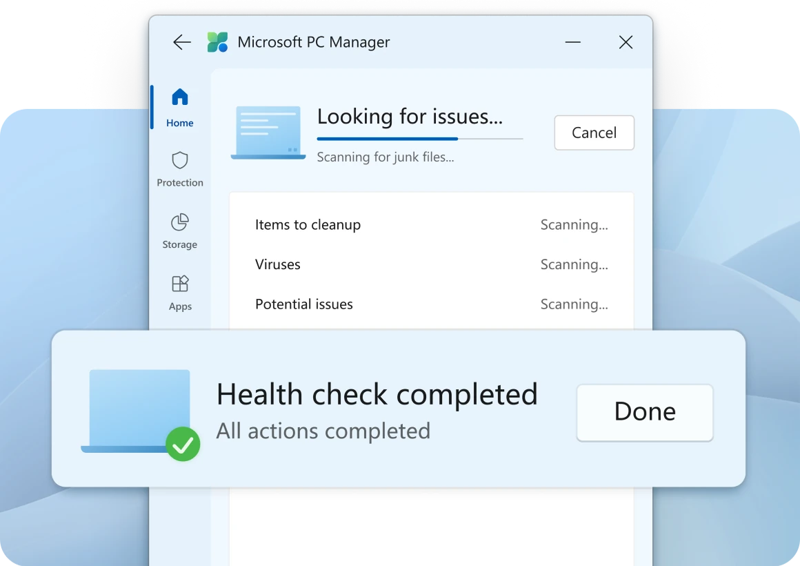 Проверка Health Check в Microsoft PC Manager: экран Looking for issues и сообщение Health check completed