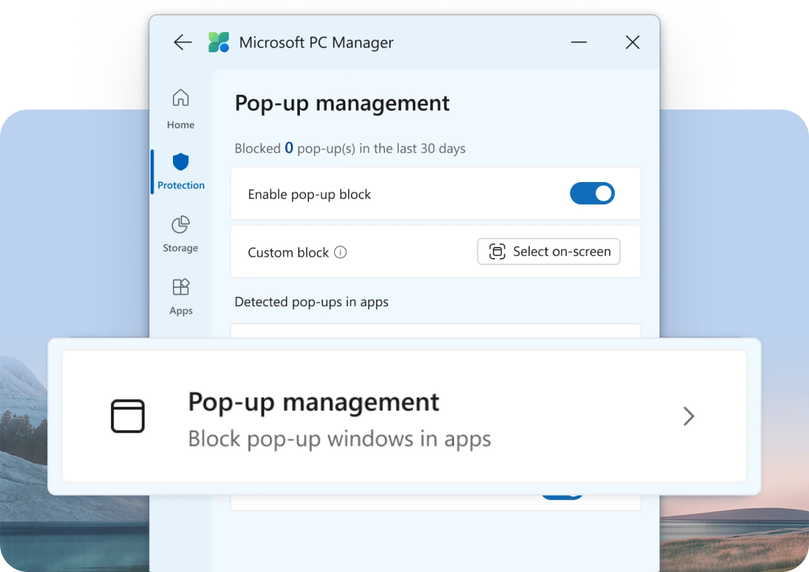Раздел Pop-up management в Microsoft PC Manager с переключателем Enable pop-up block и кнопкой Select on-screen