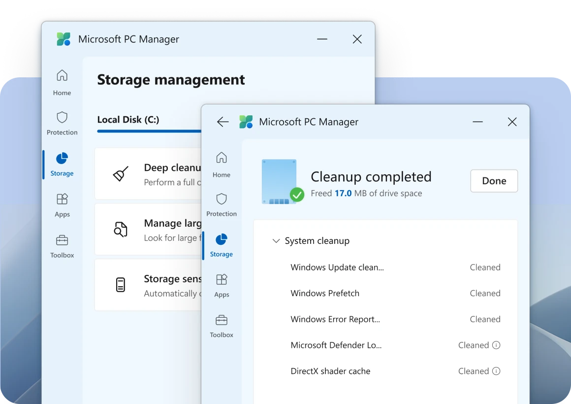 Раздел Storage management в Microsoft PC Manager с пунктами Deep cleanup, Manage large files и Storage sense