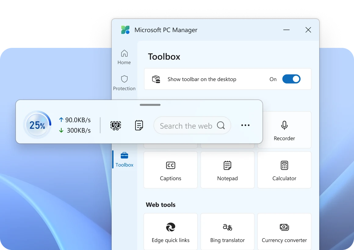 Раздел Toolbox в Microsoft PC Manager и Mini toolbar на рабочем столе