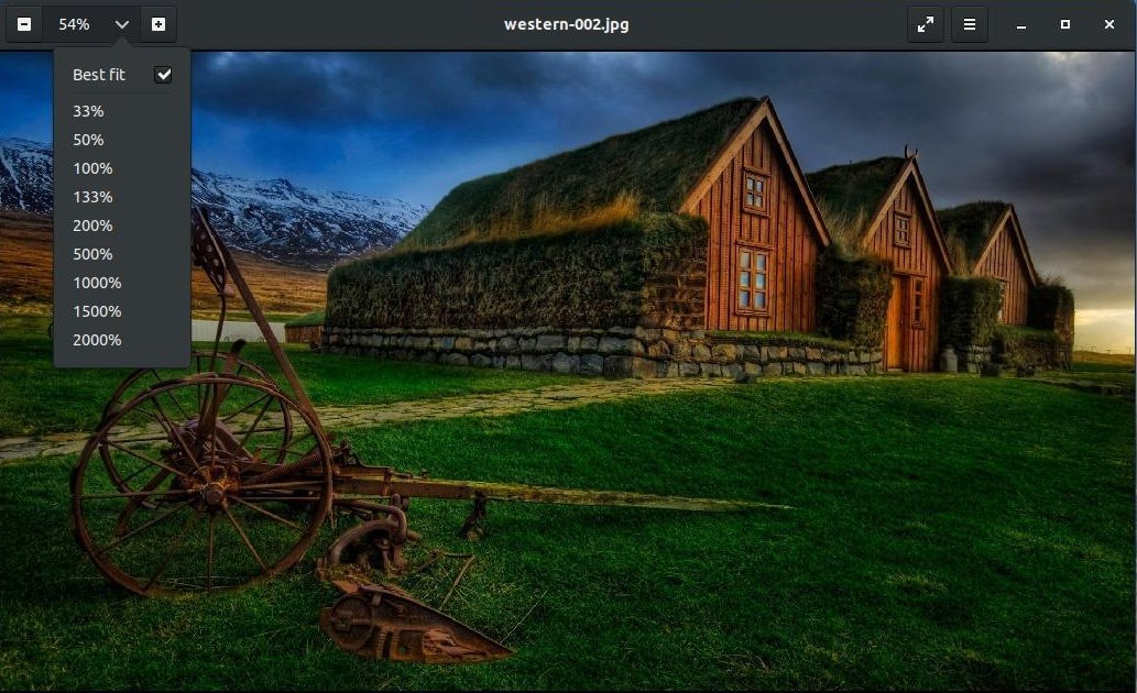 Меню масштаба в Eye of GNOME с режимом Best fit и процентами увеличения