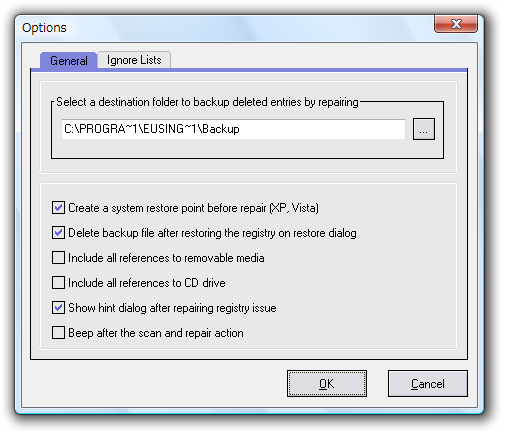 Параметры Eusing Free Registry Cleaner — вкладка General
