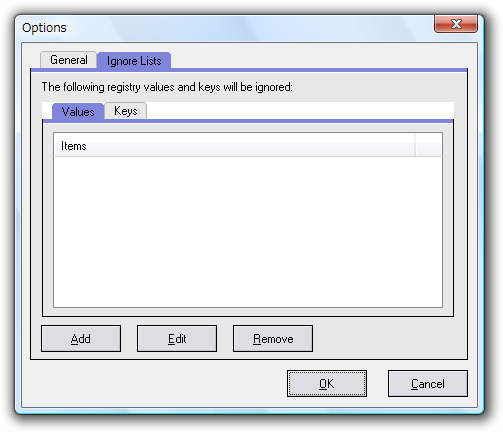 Параметры Eusing Free Registry Cleaner — вкладка Ignore Lists