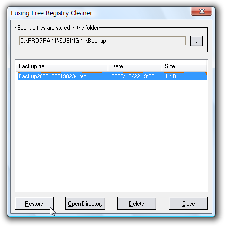Окно Restore previous registry в Eusing Free Registry Cleaner