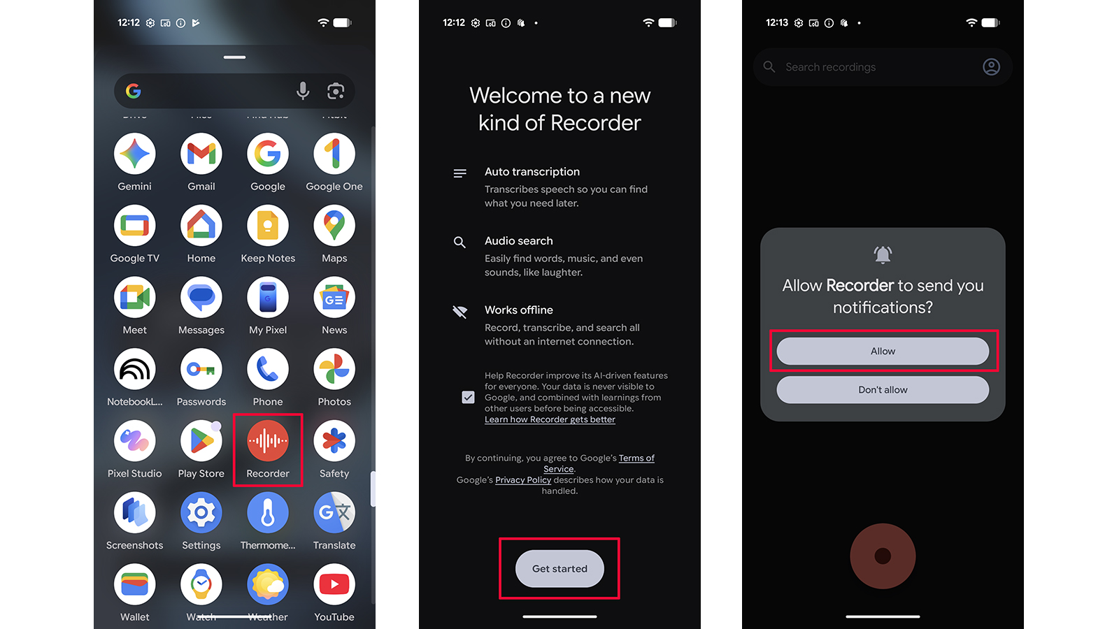 Интерфейс Google Recorder