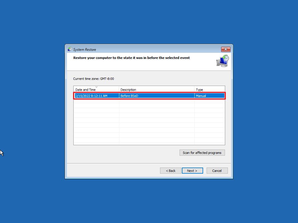 Выбор точки восстановления