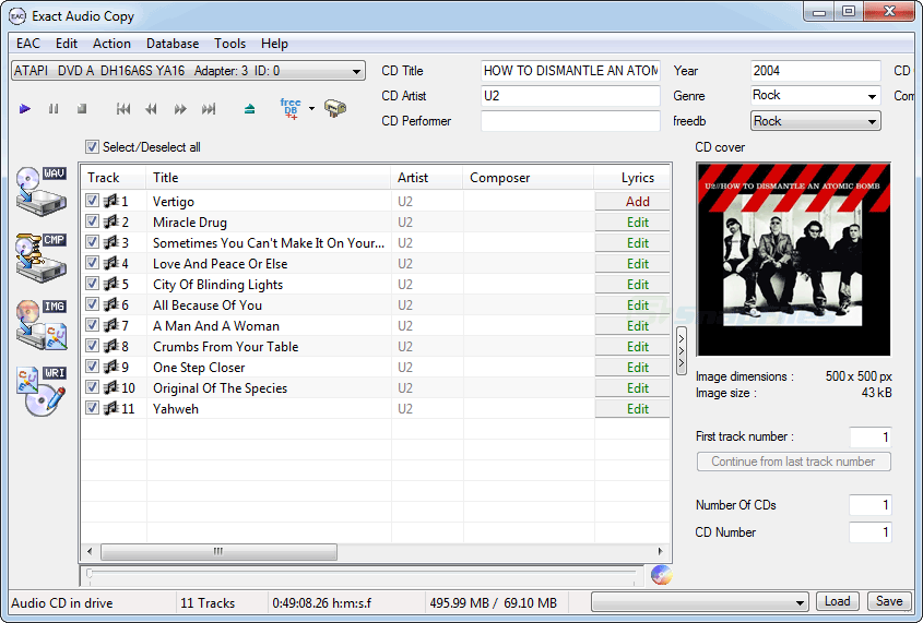Exact Audio Copy со списком дорожек Audio CD