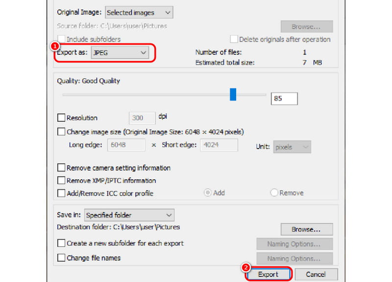 Nikon NX Studio — выбор Export as JPEG и запуск экспорта
