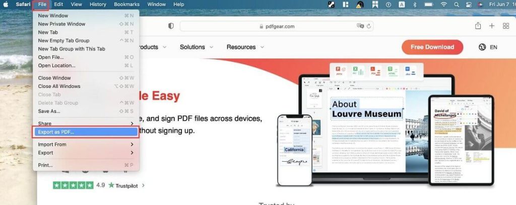 Экспорт страницы в PDF в Safari