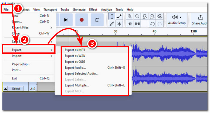 Экспорт аудиофайла из Audacity