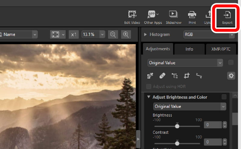 Nikon NX Studio — кнопка Export для вывода NEF в JPG