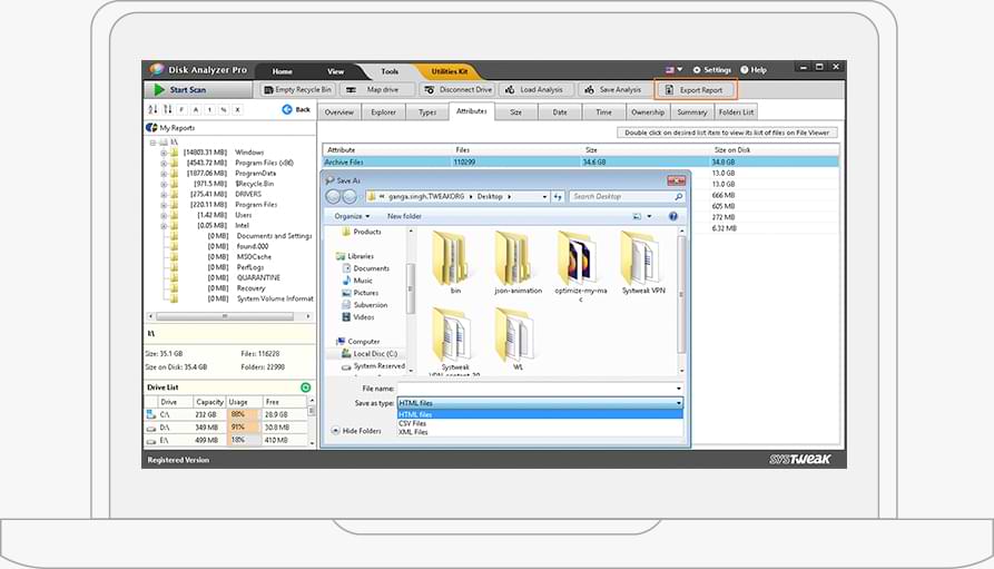 Экспорт отчетов Disk Analyzer Pro в HTML, CSV и XML