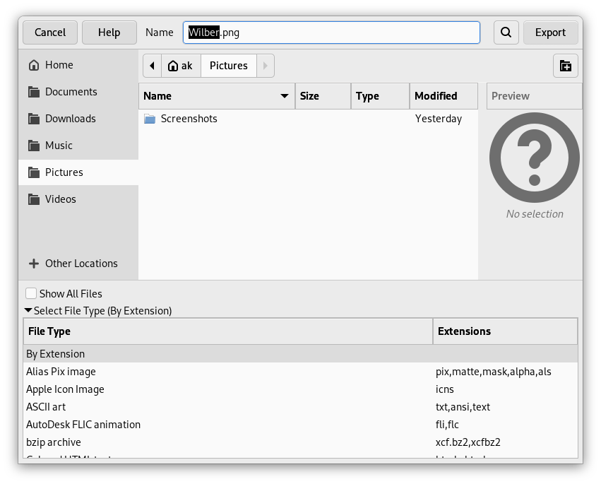 Окно Export As в GIMP