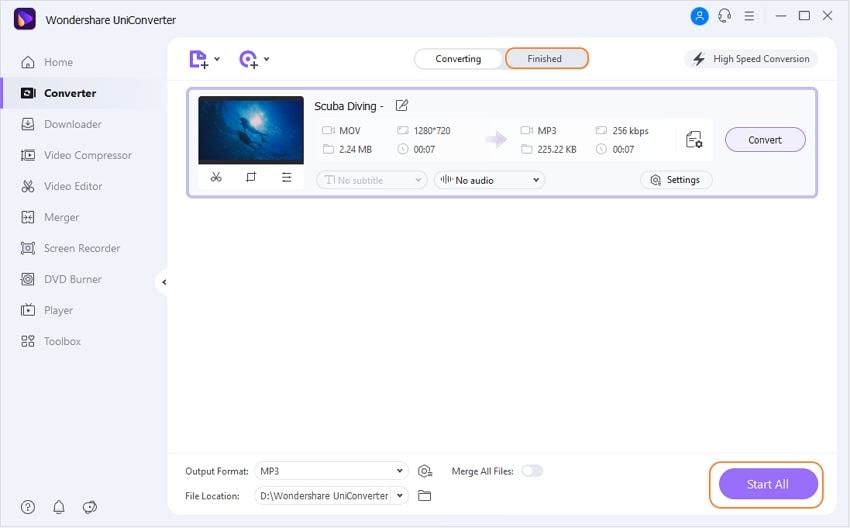 Экспорт MOV в MP3 в Wondershare UniConverter