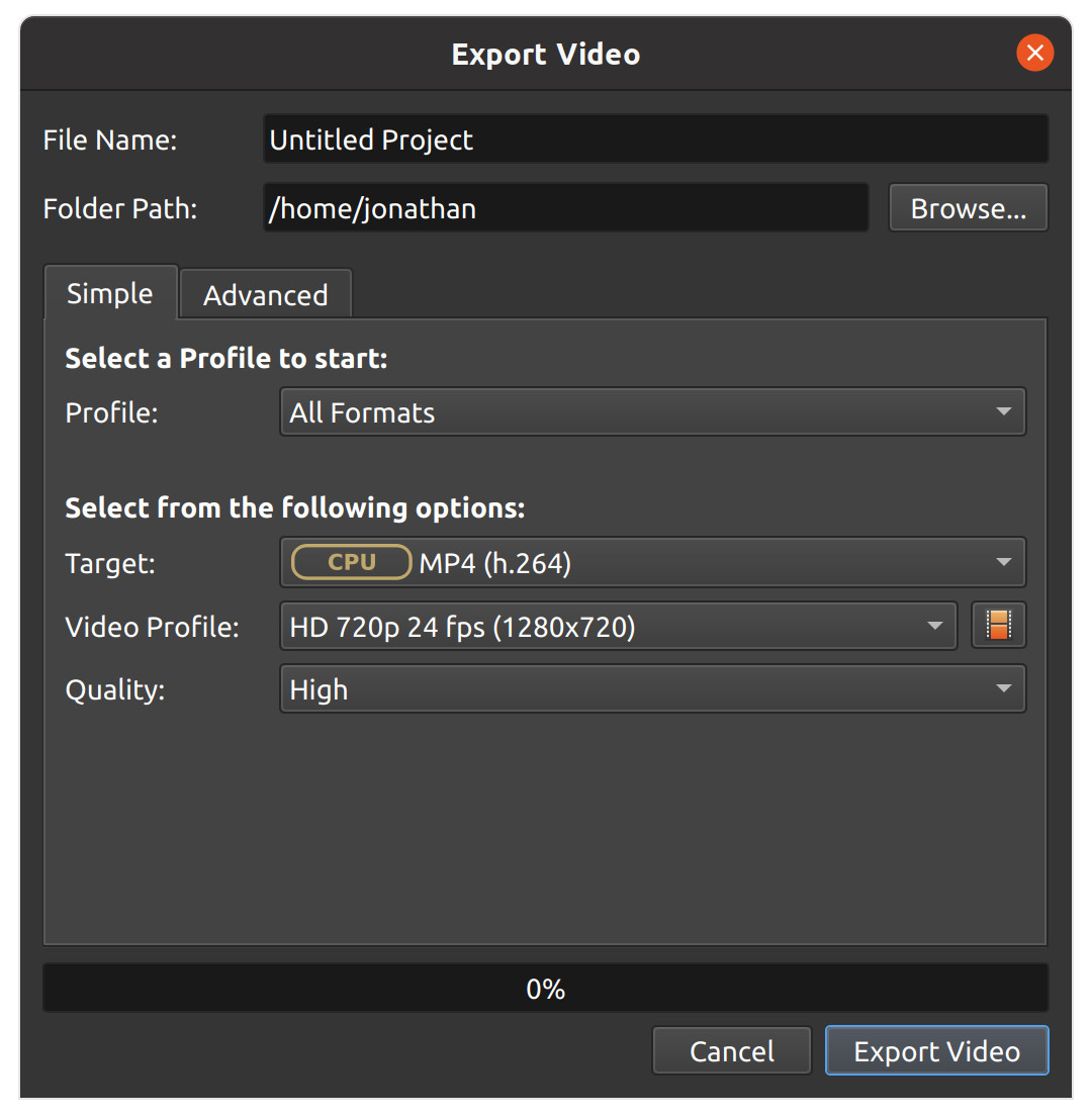Export Video (Simple): Profile, Target, Video Profile и Quality