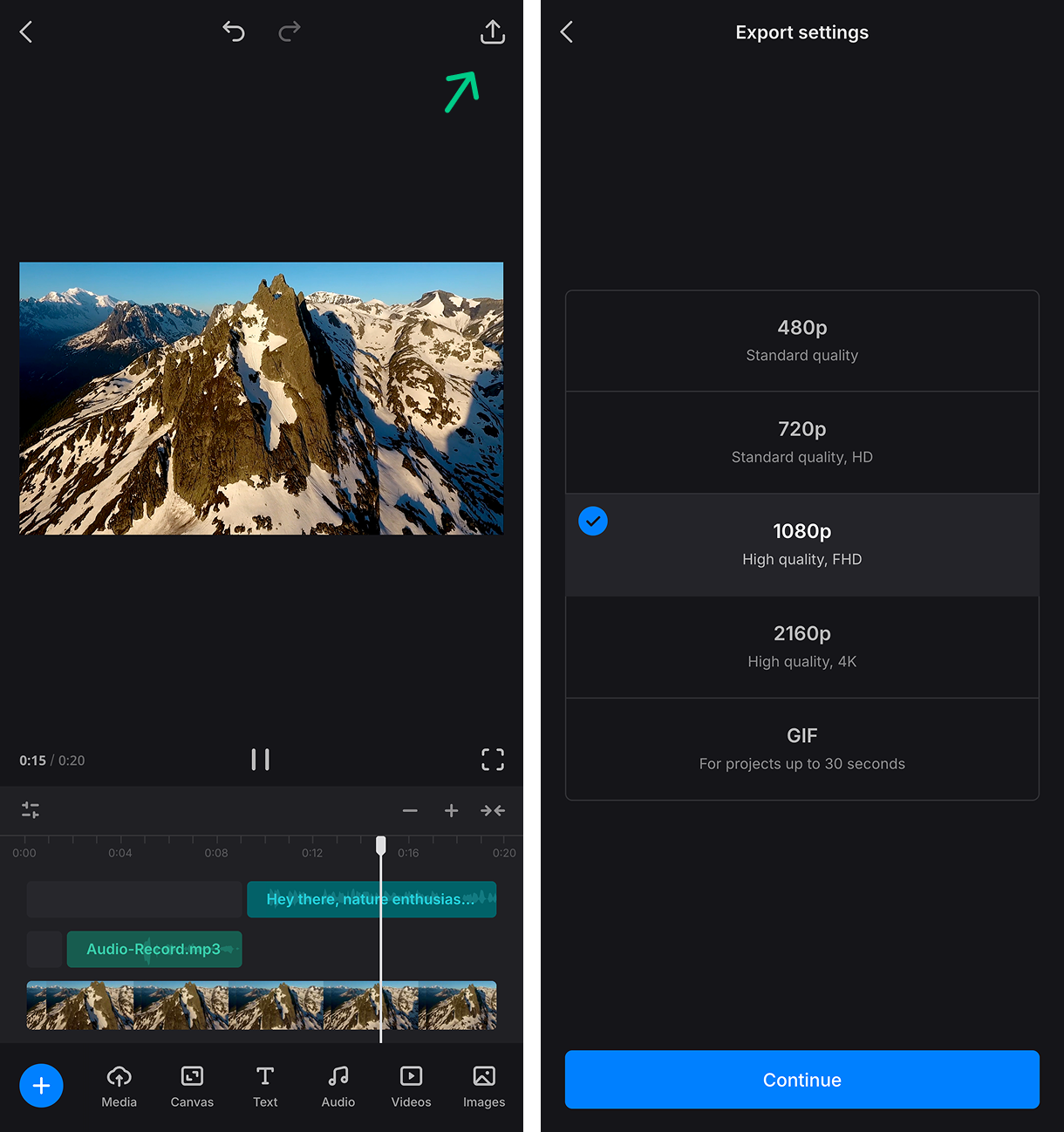 Экспортные настройки Clideo на iPhone