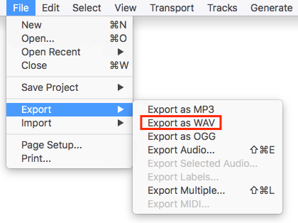 Экспорт WAV в Audacity на macOS