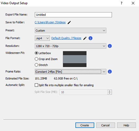 Окно экспорта Video Output Setup в NCH PhotoStage