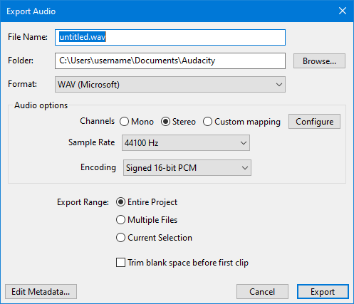 Окно экспорта аудио в Audacity