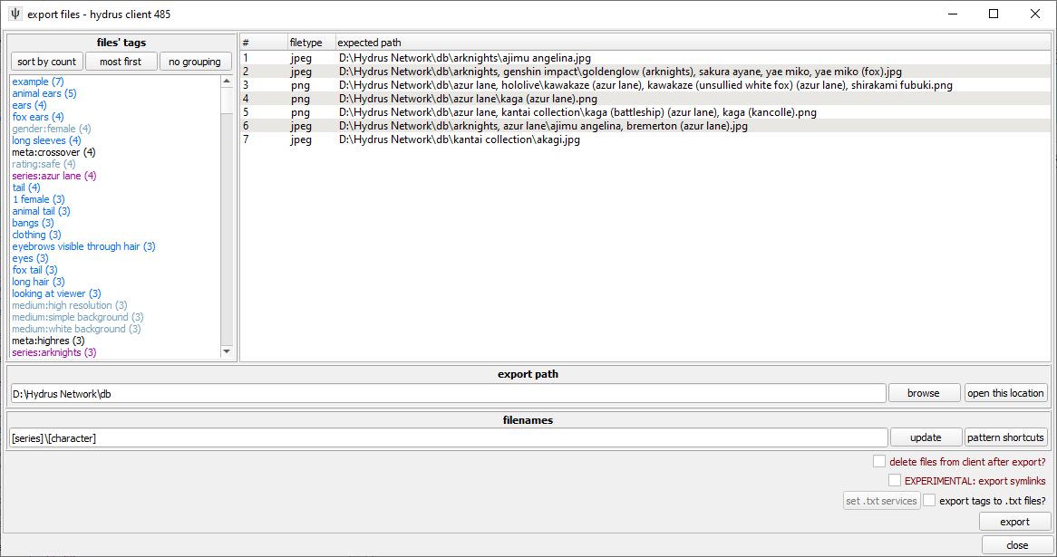 Диалог export files в Hydrus Network