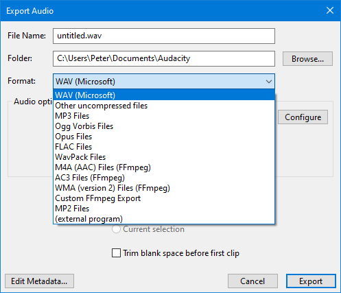Выбор формата при экспорте в Audacity