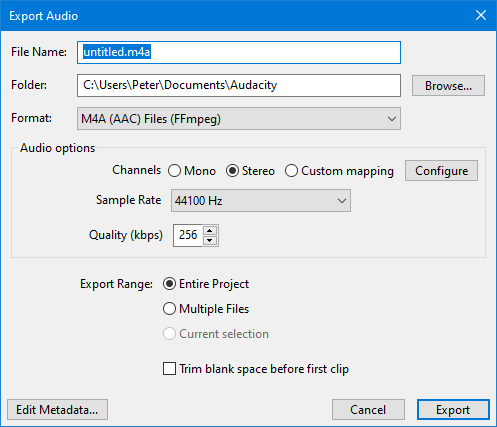 Окно экспорта M4A AAC в Audacity