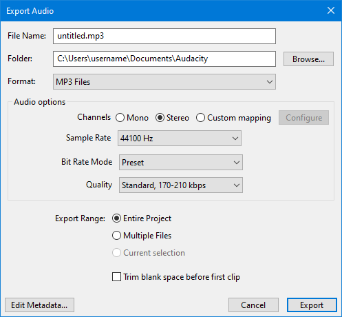 Окно Export Audio в Audacity с форматом MP3