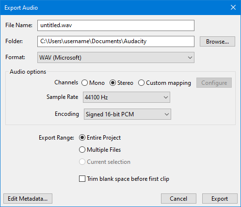 Экспорт WAV в Audacity