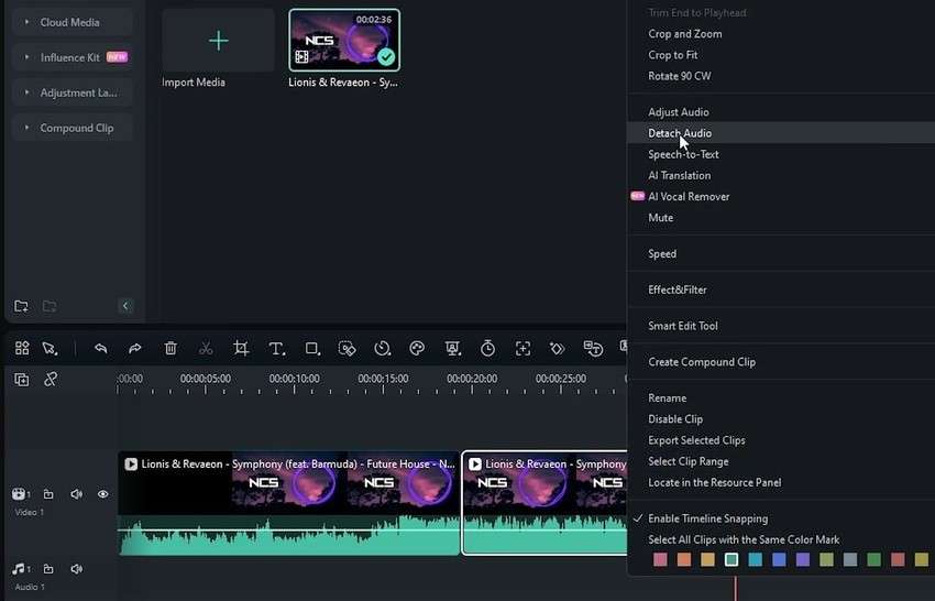 Отделение аудио от видео в Wondershare Filmora