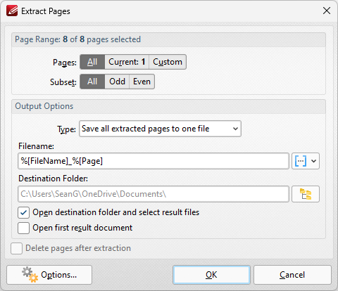 Диалог извлечения страниц в PDF-XChange Editor