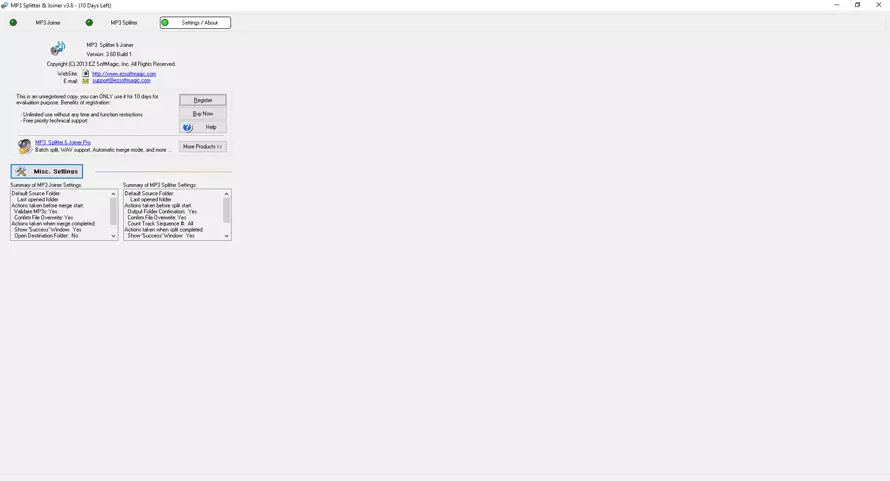EZ SoftMagic MP3 Splitter & Joiner — вкладка Settings / About