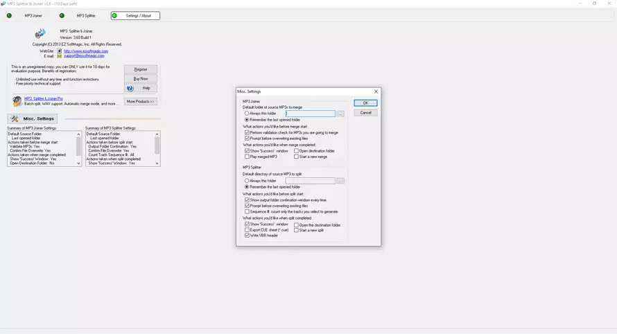 EZ SoftMagic MP3 Splitter & Joiner — окно Misc. Settings