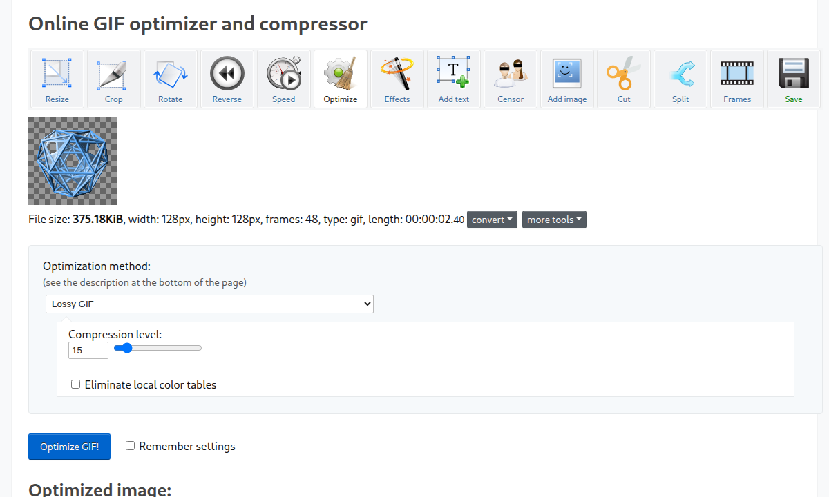Инструмент Optimize в EZGIF