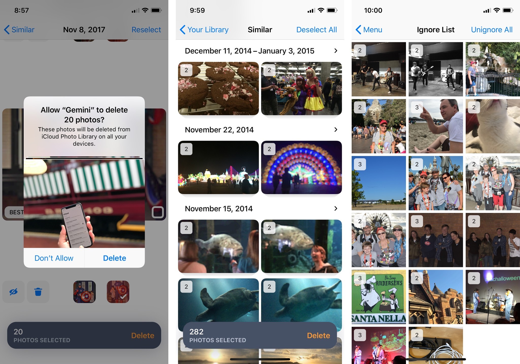 Gemini Photos: подтверждение удаления, экран Similar с группами и список Ignore List
