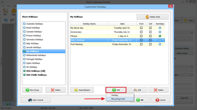 Добавление повторяющегося события в Customize Holidays