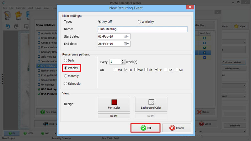 Настройка Weekly-паттерна для повторяющегося события