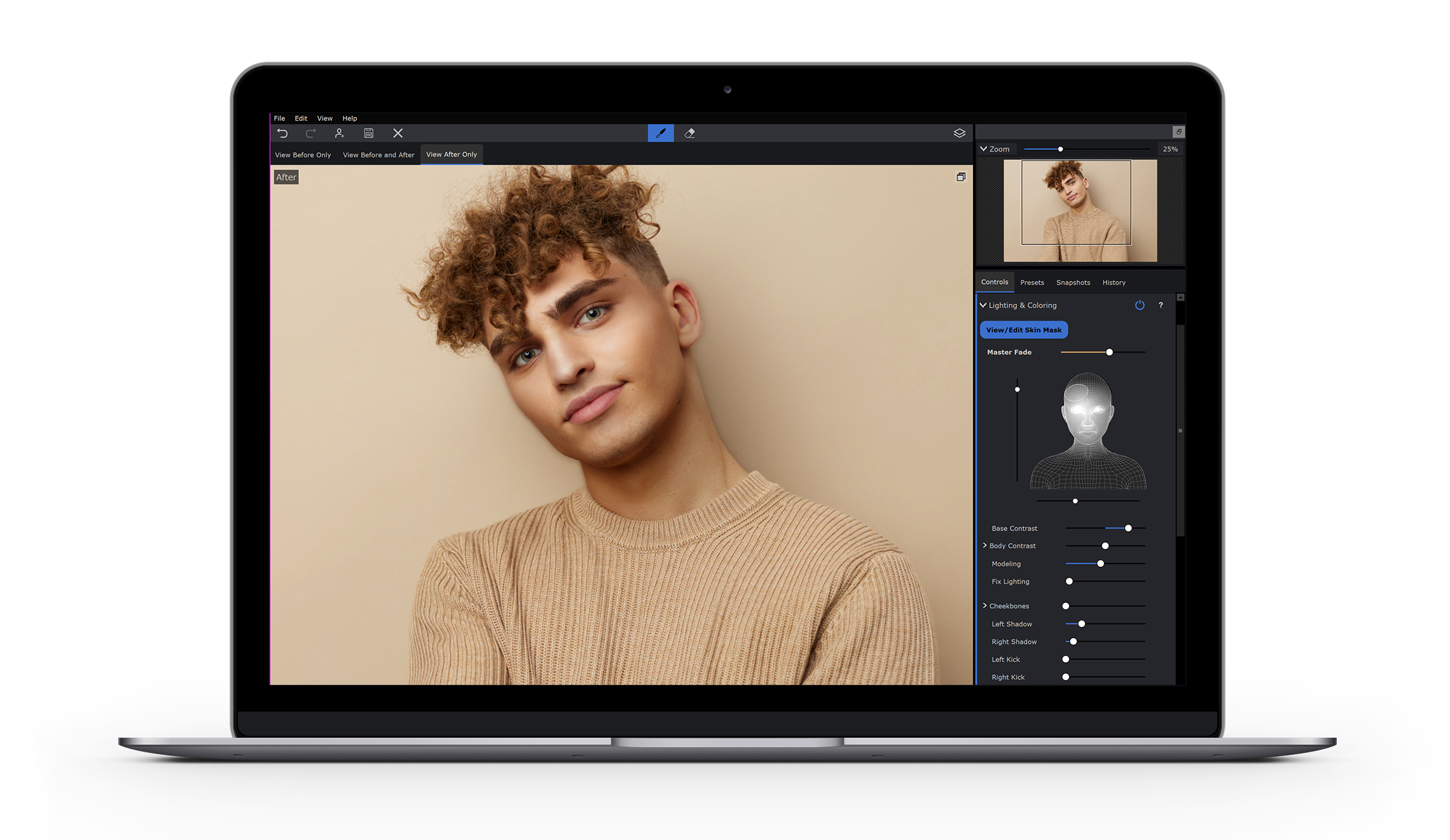 Интерфейс PortraitPro с портретом и панелью настроек