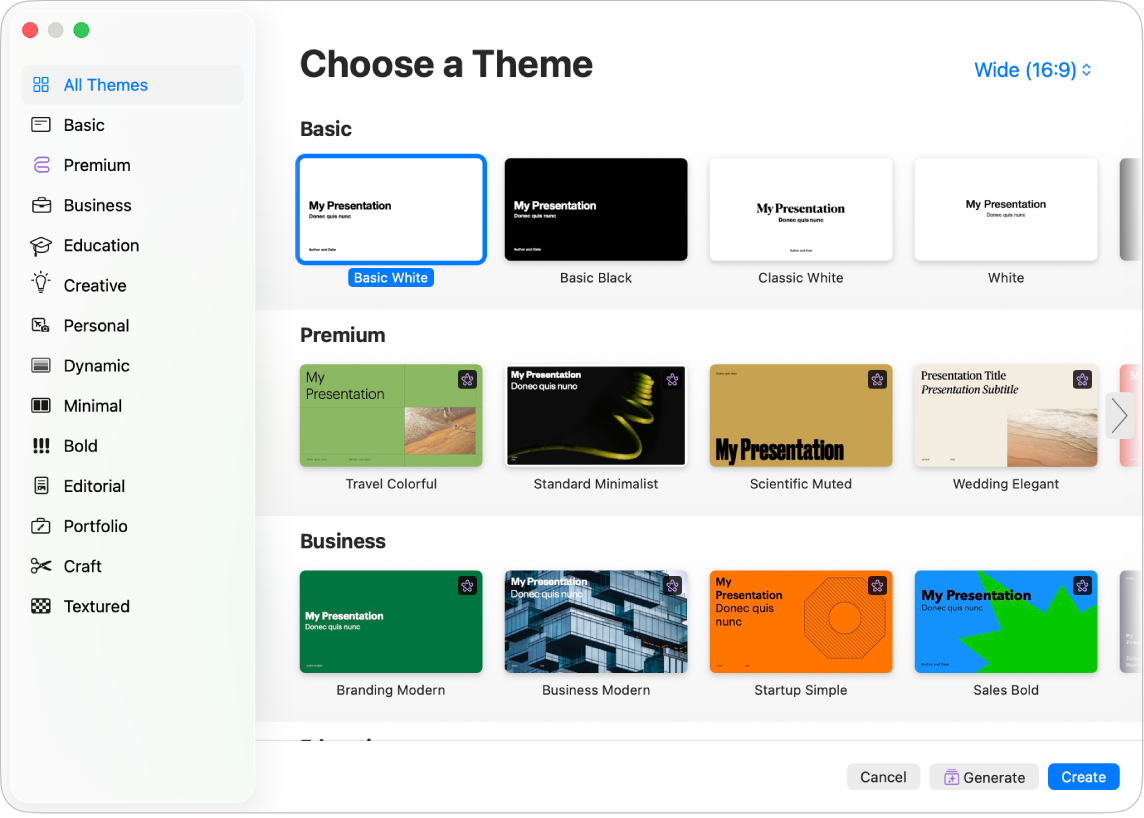 Выбор темы в Apple Keynote