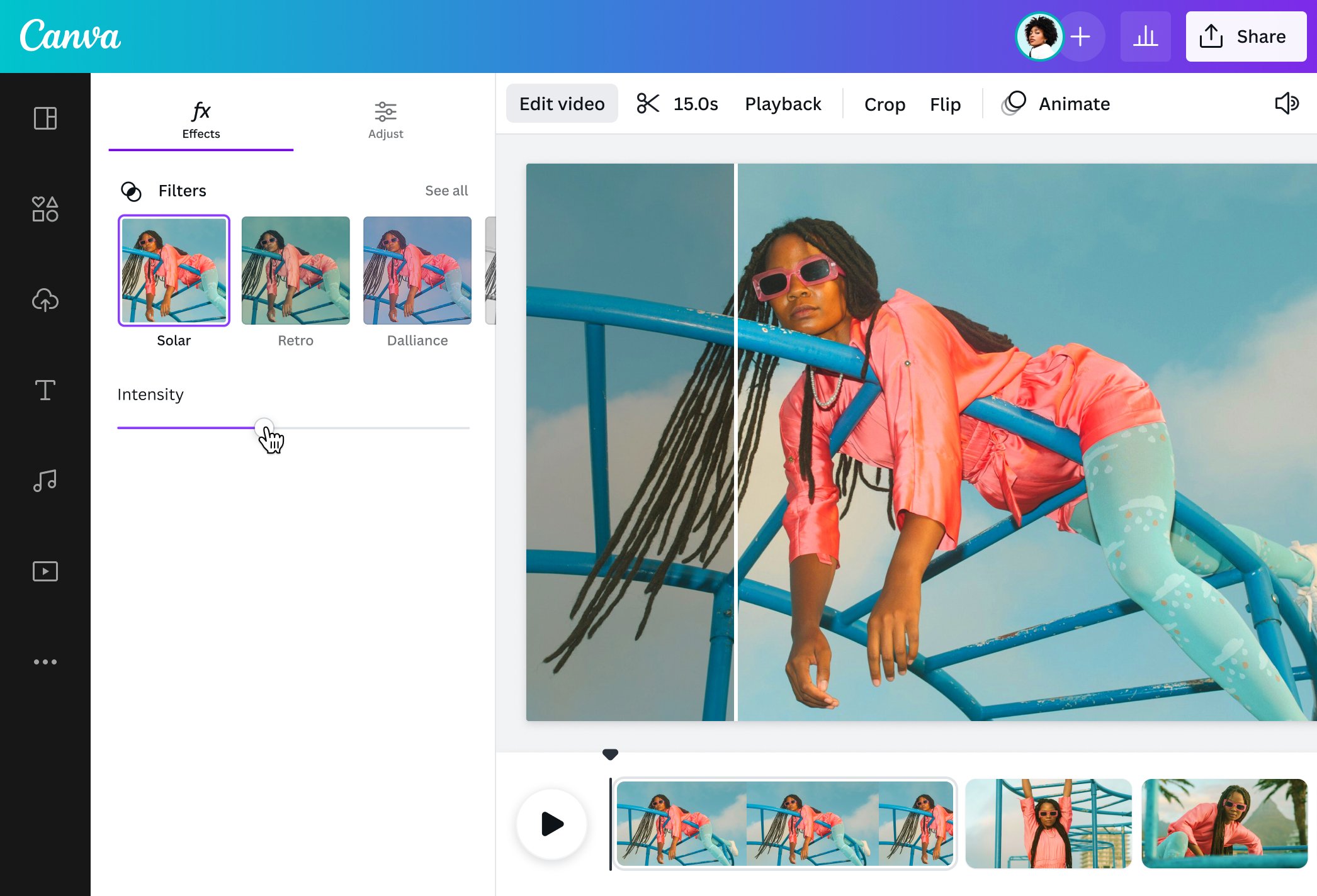 Скриншот Canva: видеофильтры и обработка ролика в браузере