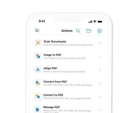 Экран Actions в Xodo с инструментами Scan Documents, Image to PDF и eSign PDF