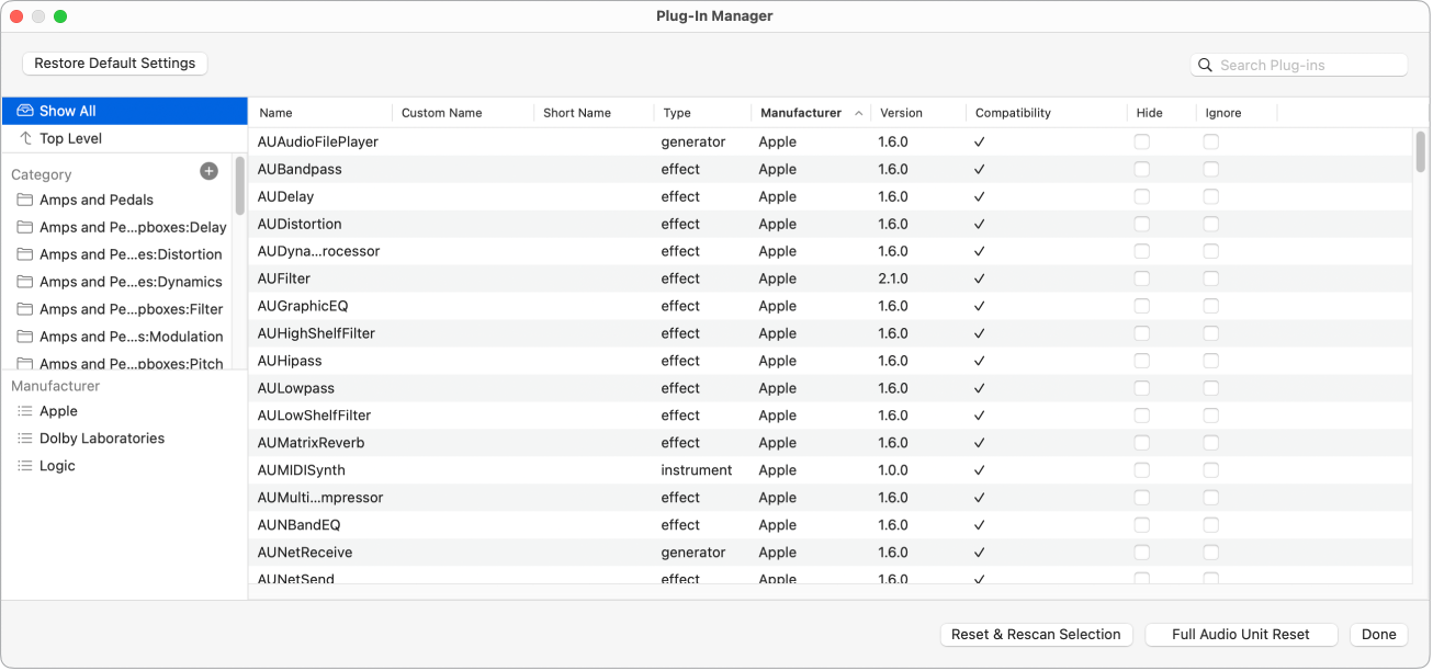 Plug-in Manager в Logic Pro