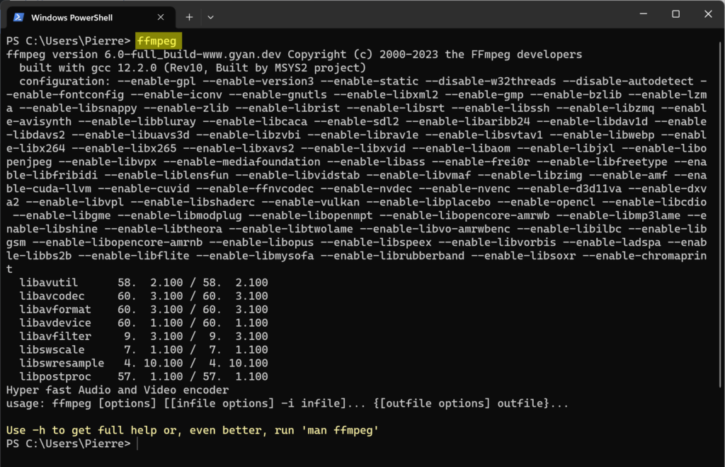 FFmpeg в Windows PowerShell