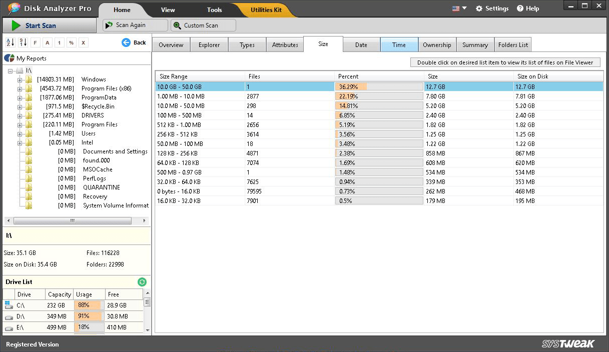 Отчет File Size Report в Disk Analyzer Pro