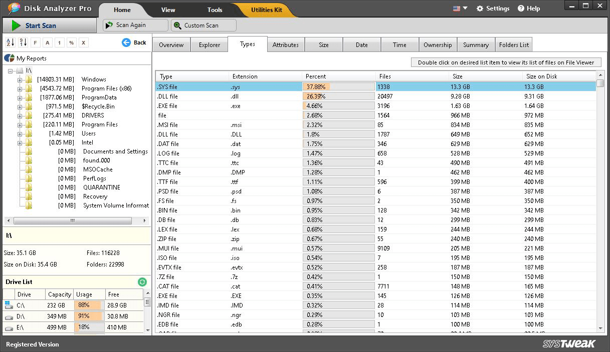 Отчет File Types Report в Disk Analyzer Pro