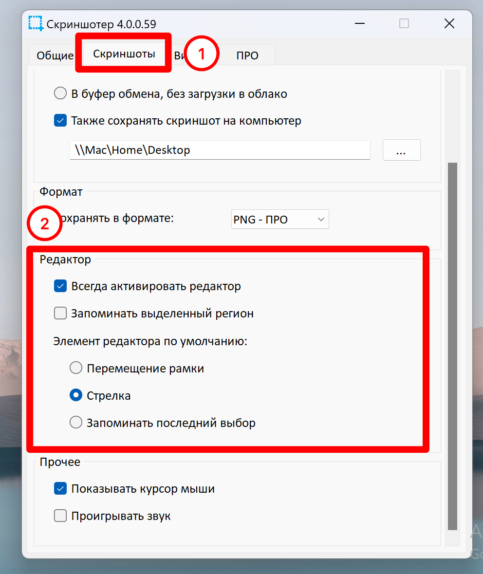 Настройки редактора и поведения скриншотов в Скриншотере