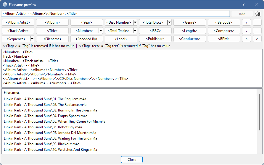 Окно Filename preview в EZ CD Audio Converter