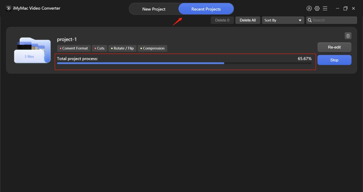 Раздел Recent Projects в iMyMac Video Converter