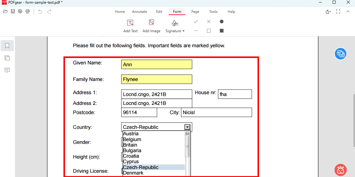 PDFgear: заполнение PDF-формы