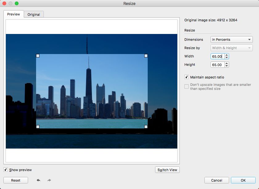 Окно настройки Resize filter в PhotoMarks
